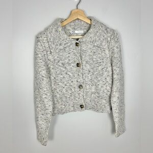 ZARA Wool Blend Knit Cardigan Size Med Grey Polo Collar Marled Minimal Cozy‎